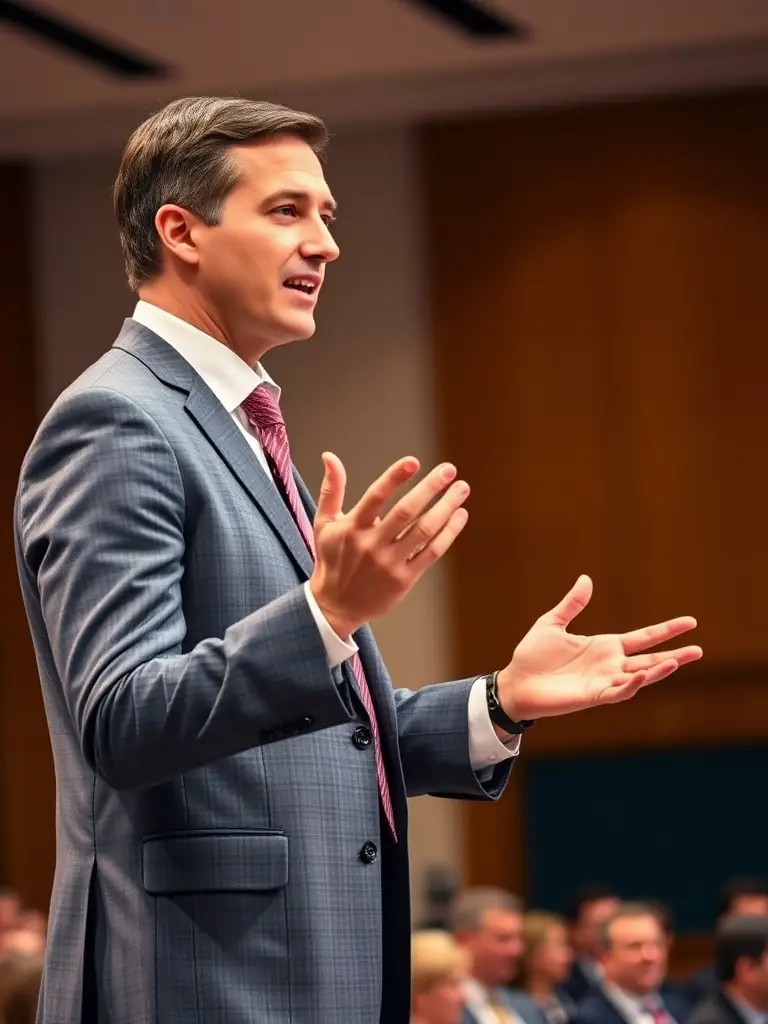 A close-up shot of a speaker passionately presenting on stage, highlighting their expertise and the value of attending the conference to learn from industry leaders.