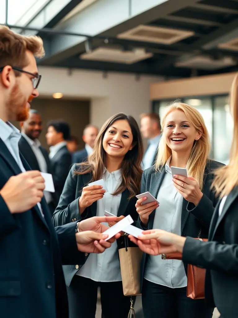A diverse group of professionals actively networking during a coffee break at a marketing strategy conference, exchanging business cards and engaging in lively conversations.