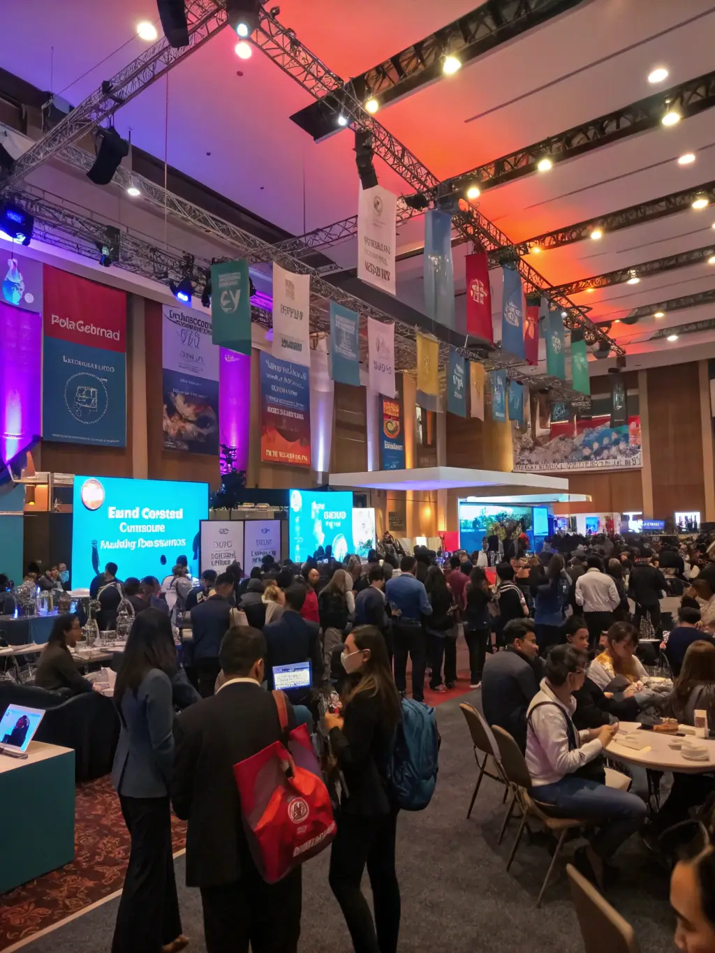 A panoramic view of a bustling marketing strategy conference, showcasing the energy and excitement of attendees engaging with exhibitors and attending keynote speeches.
