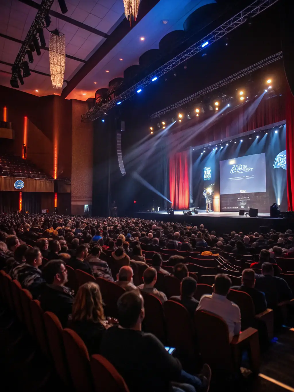 A photograph of a modern conference hall filled with attendees listening to a speaker on stage, with a focus on the engaged audience and professional setting, suitable for promoting a marketing strategy conference.
