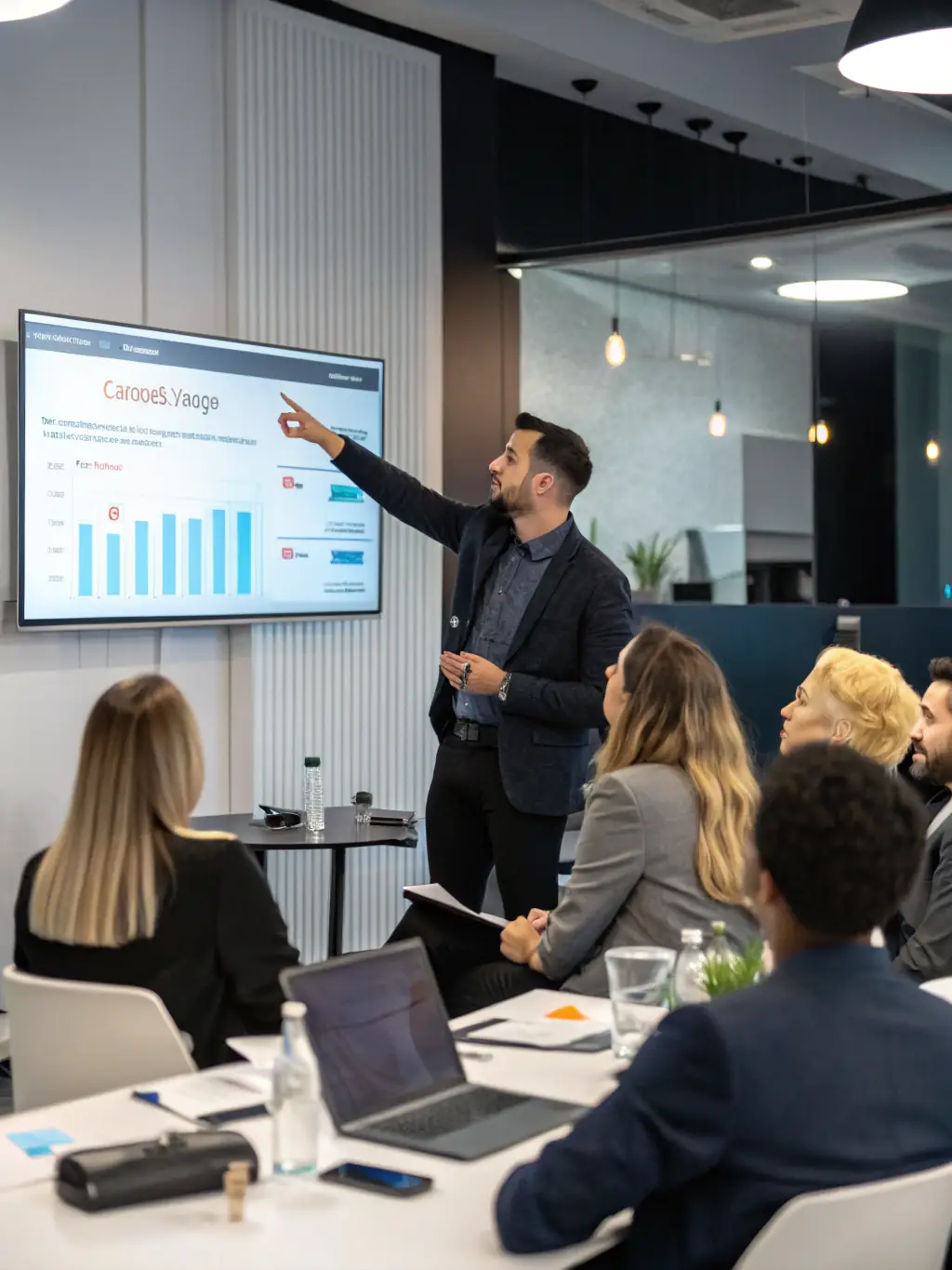 A speaker on stage at a marketing strategy conference, presenting data-driven insights on marketing investment strategies to an attentive audience.