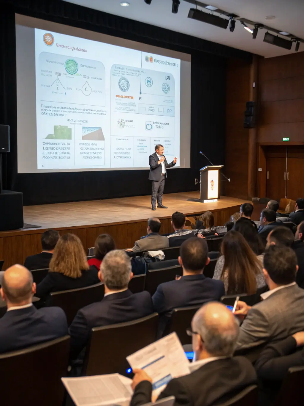 A dynamic image of a speaker on stage, passionately presenting to a large audience at a marketing conference, with engaging visuals on the screen behind them.