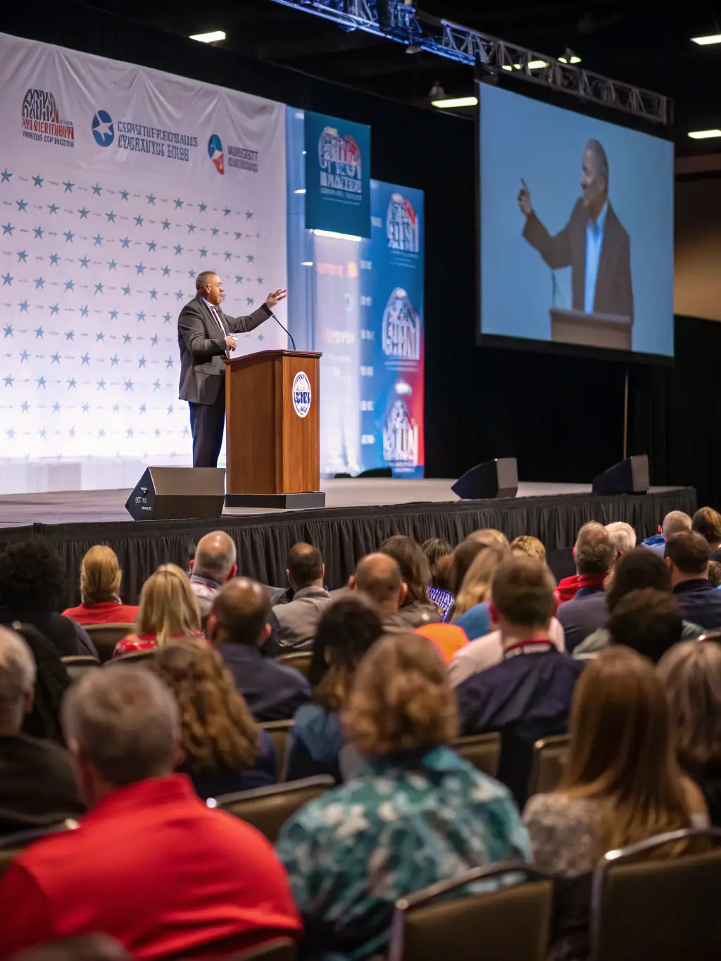 A photograph of a keynote speaker passionately addressing a large audience at a marketing strategy conference, emphasizing engagement and knowledge sharing.