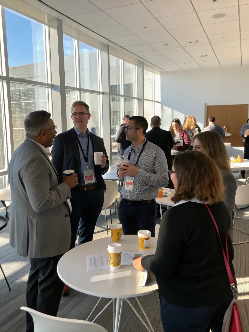 A group of conference attendees networking during a coffee break, emphasizing the opportunity to connect with peers and build valuable relationships at the event.